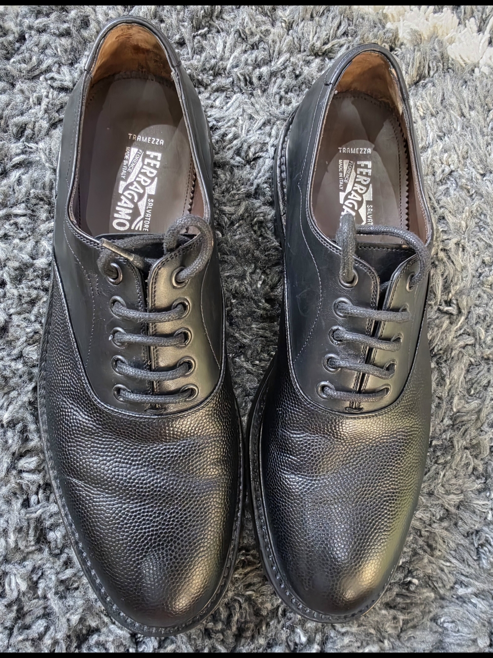 Ferragamo Tramezza Size 9.5M Pebble Leather Plain Toe Oxfords Shoes Black